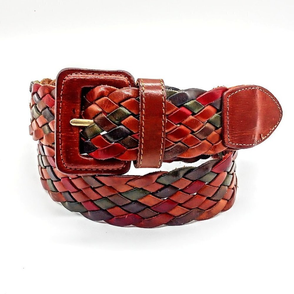 Red Green Brown Braided Leather Belt
